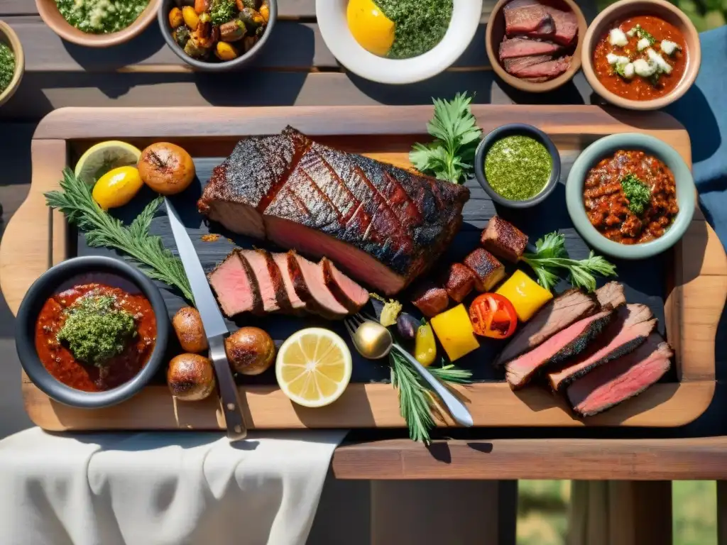 Una presentación del asado uruguayo con churrasco, chorizo, morcilla y vegetales asados en una mesa de madera al atardecer