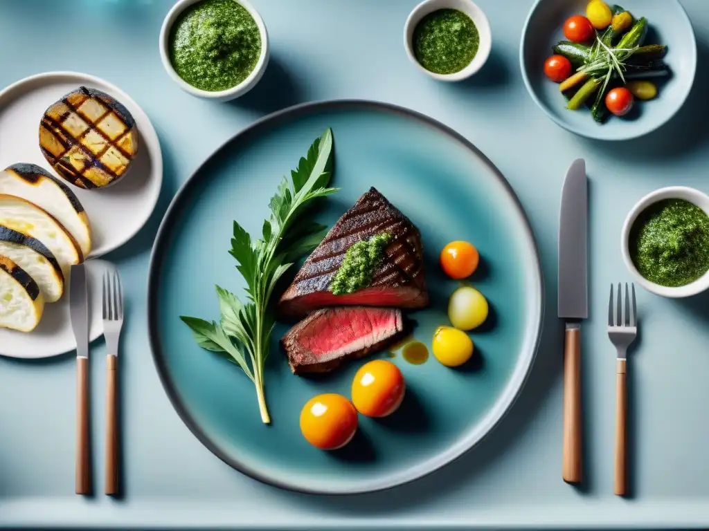 Una presentación del asado uruguayo contemporáneo con steak, chimichurri, verduras y pan artesanal en un elegante entorno minimalista