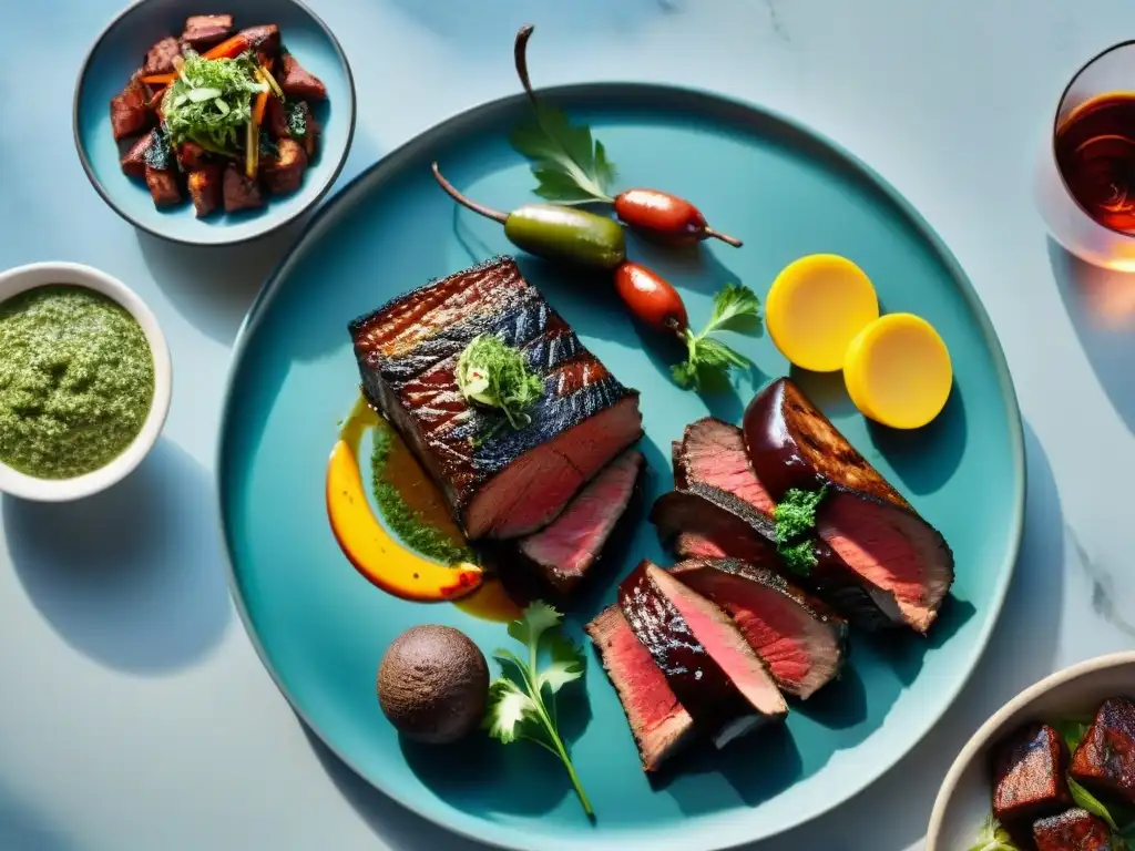 Una presentación del asado uruguayo contemporáneo con carnes y guarniciones coloridas en un ambiente elegante y moderno