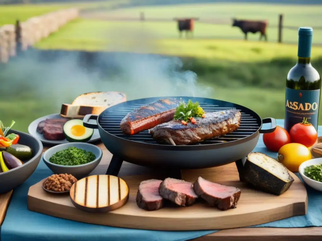 Una presentación del asado uruguayo en un entorno rural pintoresco con abundante carne, vegetales y vino local