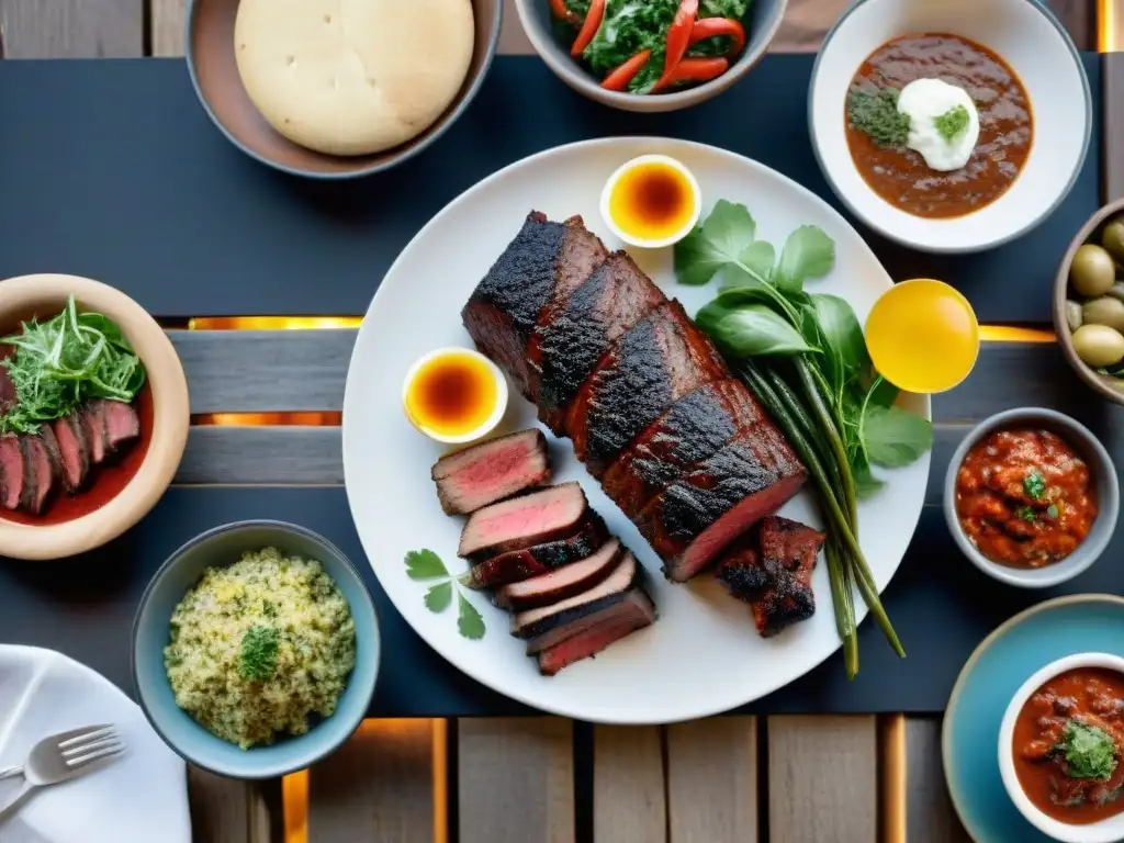 Una presentación asado uruguayo gourmet exquisitamente decorado en una mesa de madera rústica al aire libre