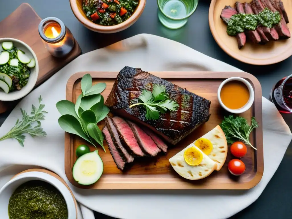 Una presentación asado uruguayo gourmet con steak a la parrilla y ensaladas coloridas en mesa rústica, rodeada de naturaleza al atardecer