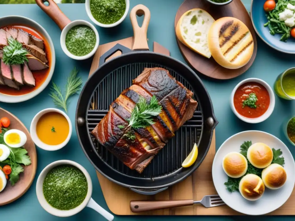 Una presentación asado uruguayo sabor en el campo: carnes a la parrilla, chimichurri, ensaladas, pan y mate