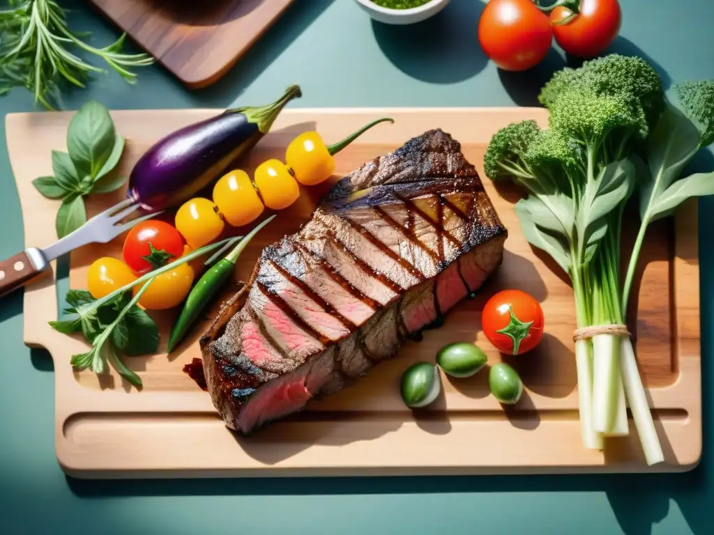 Una presentación creativa para asado: un suculento filete a la parrilla rodeado de verduras coloridas y salsa, en una mesa elegante al aire libre