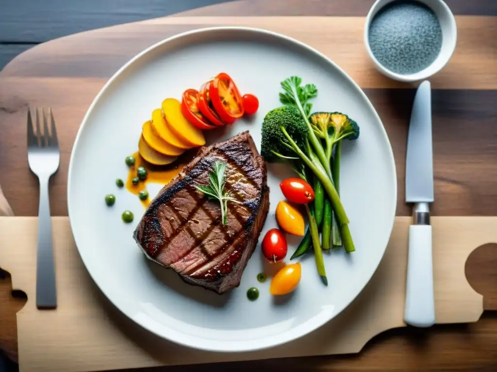 Una presentación creativa para asado: un suculento filete a la parrilla con vegetales grillados y salsa, en un elegante plato blanco sobre mesa de madera rústica