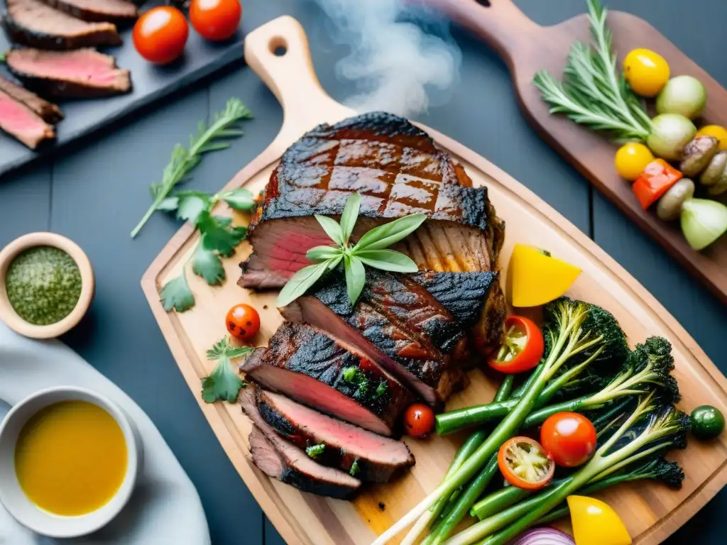 Una presentación innovadora de asado argentino con carnes a la parrilla, chimichurri y vegetales coloridos en tabla de madera