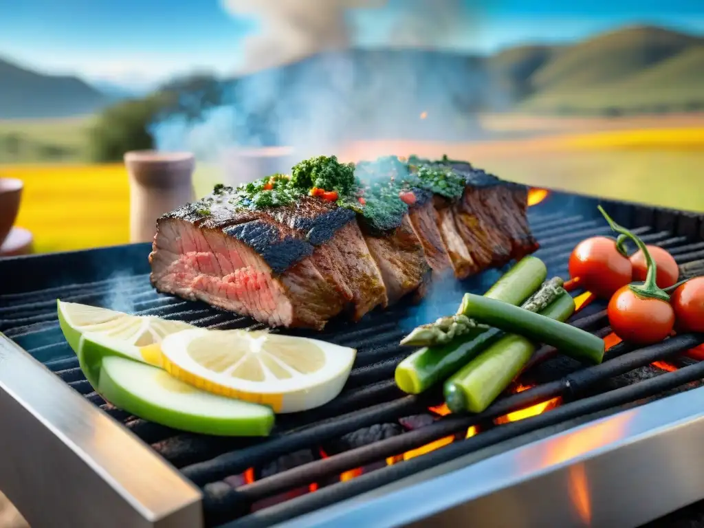 Una presentación innovadora de asado uruguayo con cortes premium, chimichurri y vegetales frescos, en un entorno campestre