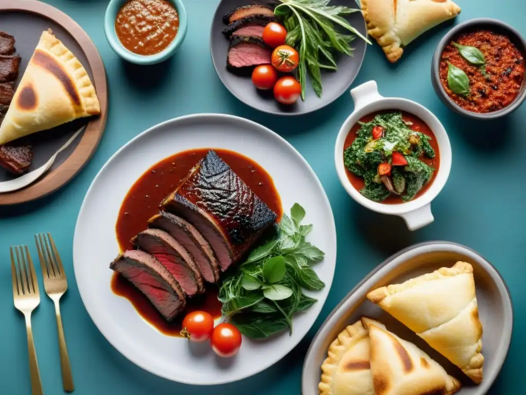 Una presentación perfecta del asado uruguayo, con carnes a la parrilla, chimichurri, empanadas y ensalada en un ambiente cálido y acogedor