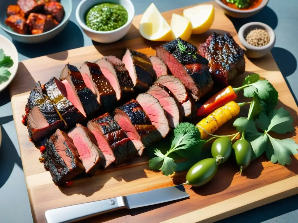 Una presentación perfecta del asado uruguayo con una variedad de carnes asadas y vibrantes colores en un entorno campestre