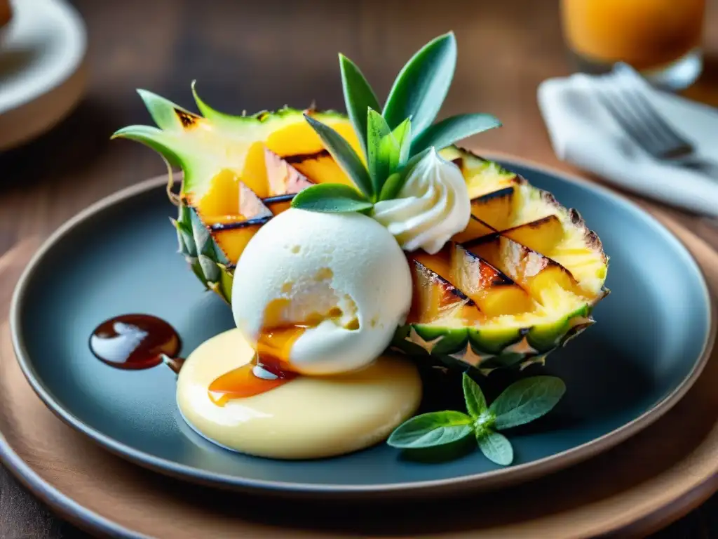 Una presentación de postre internacional para parrilla: piña asada con helado de coco y salsa de caramelo, decorada con hojas de menta fresca