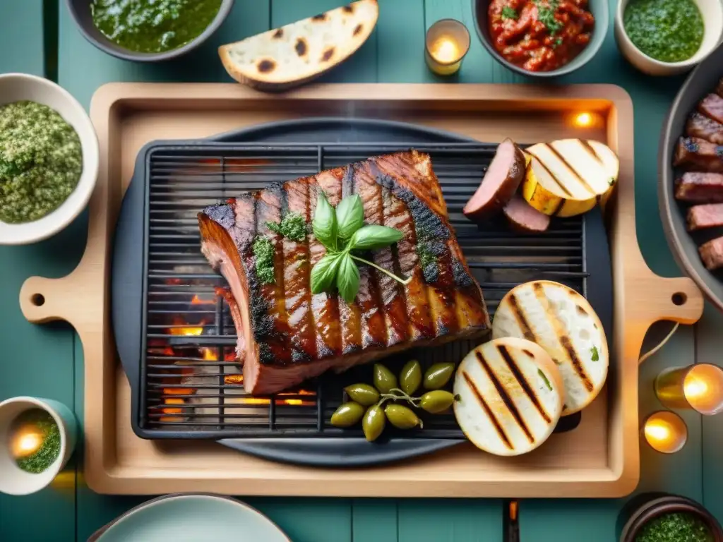 Una presentación visual del asado uruguayo con carnes jugosas sobre la parrilla y amigos disfrutando bajo luces