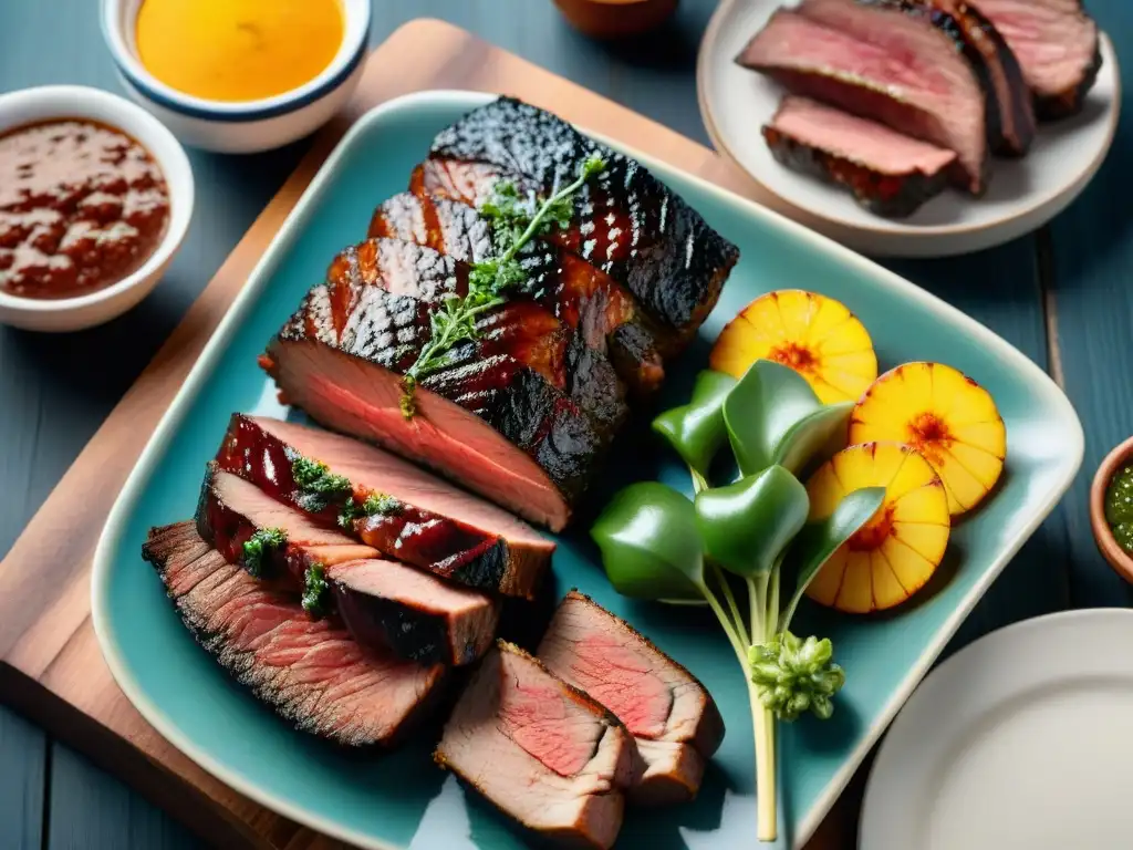 Una presentación visual de un asado uruguayo perfectamente grillado sobre una mesa rústica de madera