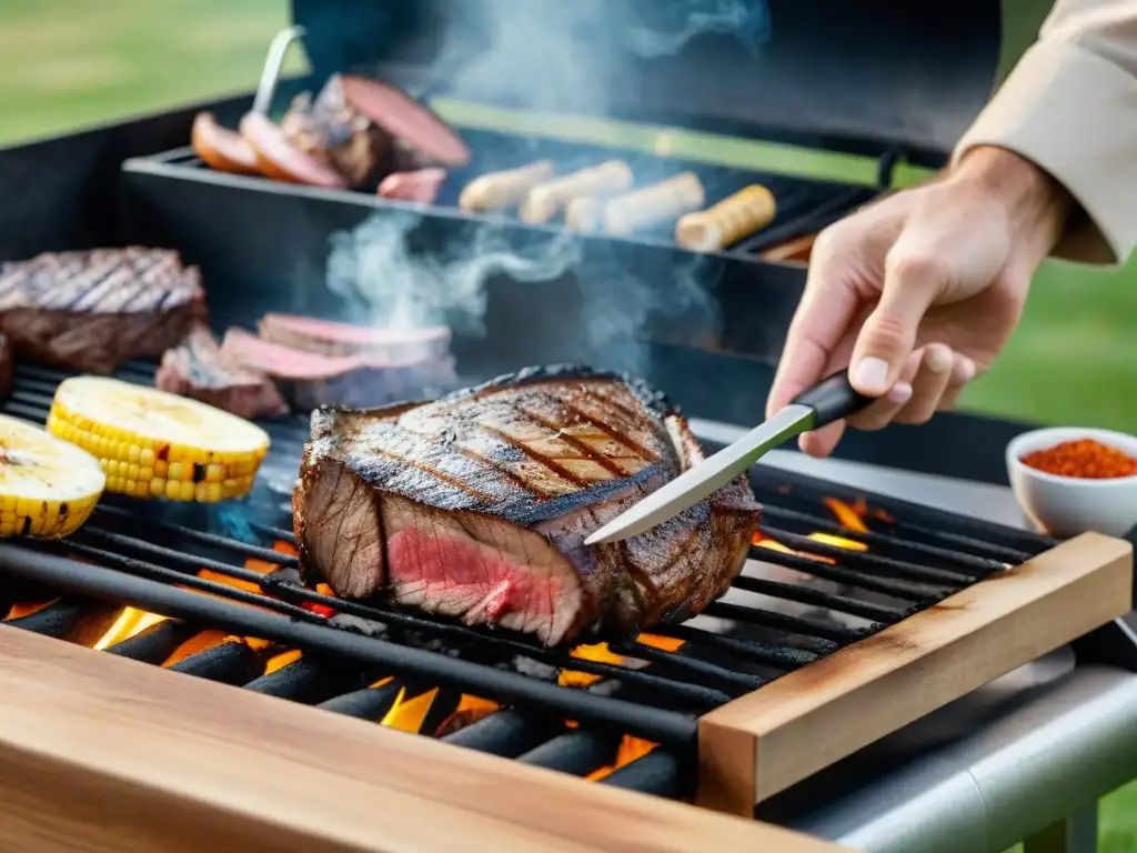 Un principiante asando a la parrilla un suculento filete, en una atmósfera auténtica de guía asado parrilla principiantes