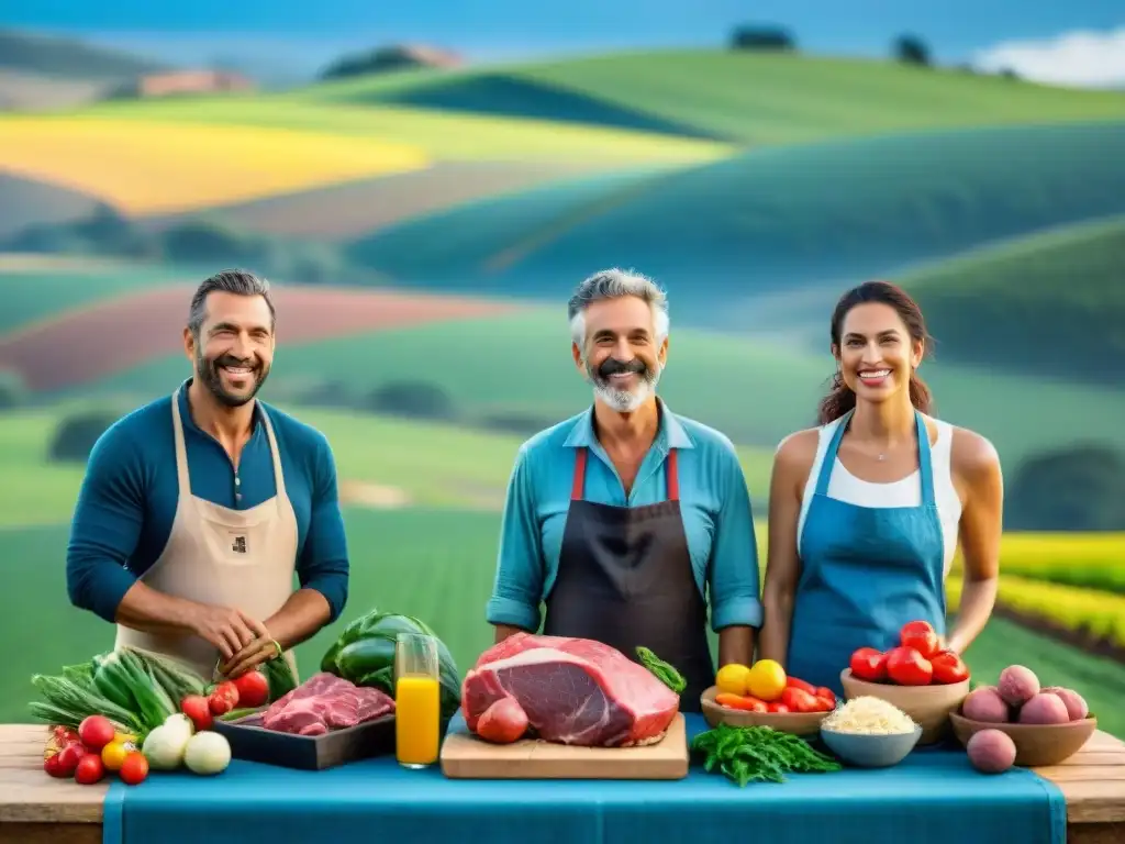 Productores éticos asado Uruguay: Grupo diverso de agricultores sonrientes junto a mesa rústica llena de productos frescos