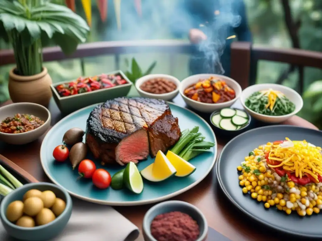 Fusión de productos locales e internacionales en una mesa de asado al aire libre en un jardín exuberante y soleado