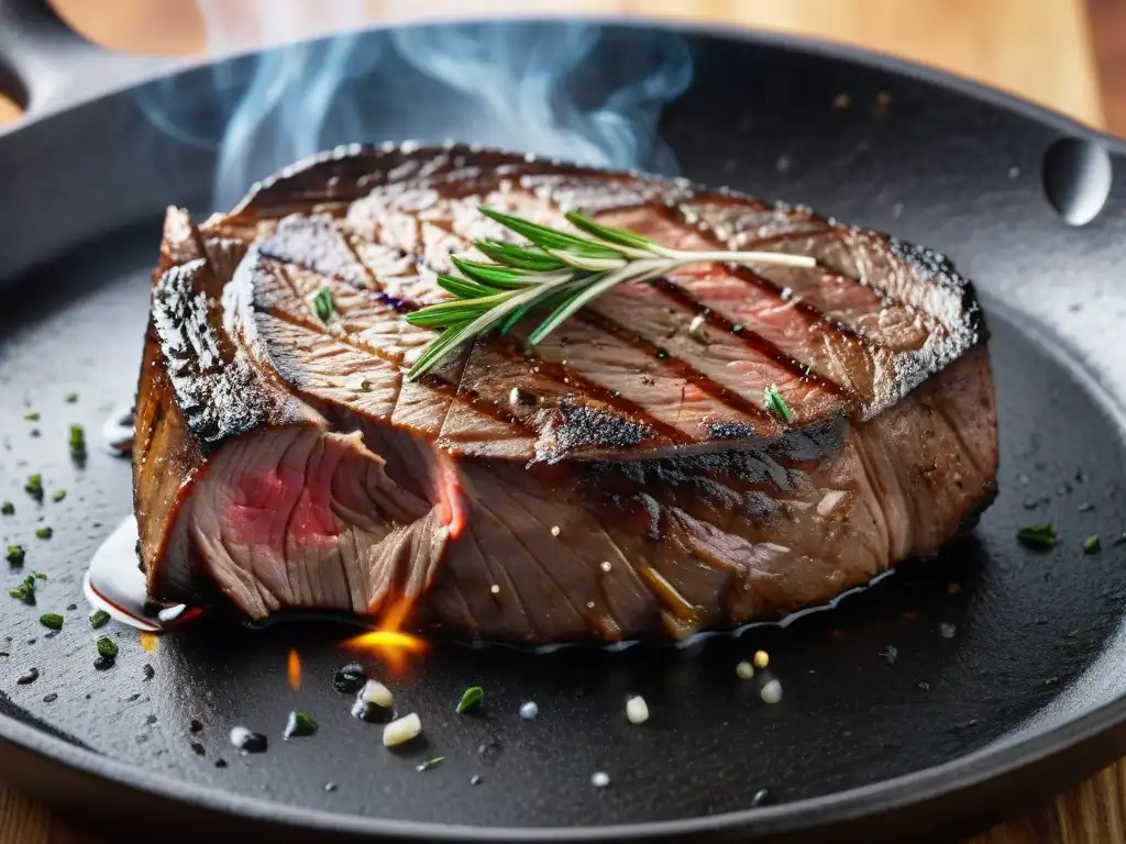 Fotografía profesional de plato asado: suculento filete en sartén caliente con humo, romero y sal