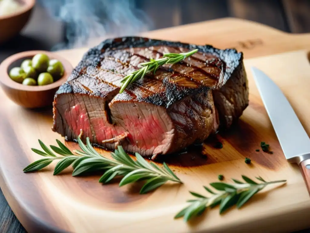 Fotografía profesional de plato asado: suculento bistec a la parrilla con hierbas frescas en tabla de madera rústica