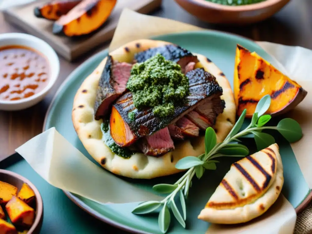 Fotografía profesional de platos asado: Delicioso asado uruguayo con carne jugosa, empanadas doradas y chimichurri vibrante en plato de madera