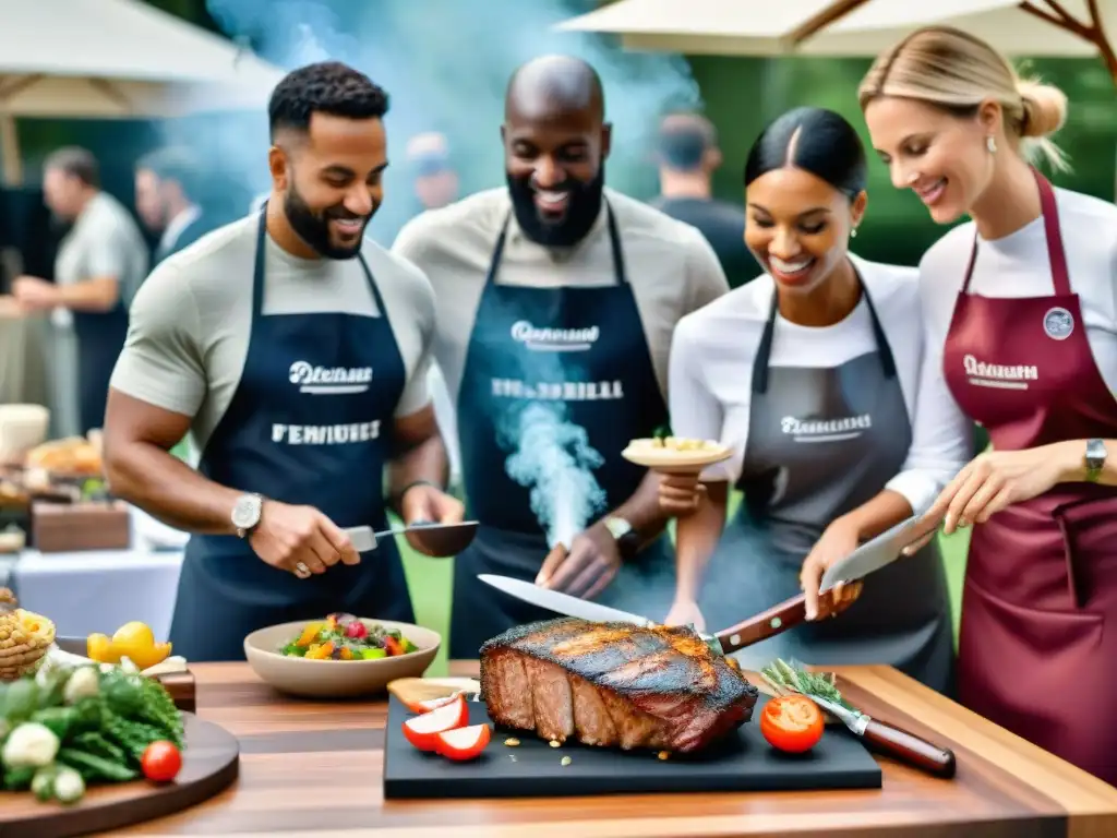 Profesionales diversos disfrutando de un asado uruguayo en evento corporativo, con detalles personalizados y sofisticación