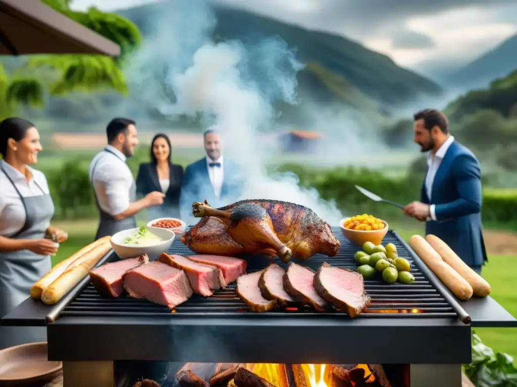 Profesionales disfrutan de un asado uruguayo en evento corporativo, fusionando técnicas de asado uruguayo con networking empresarial