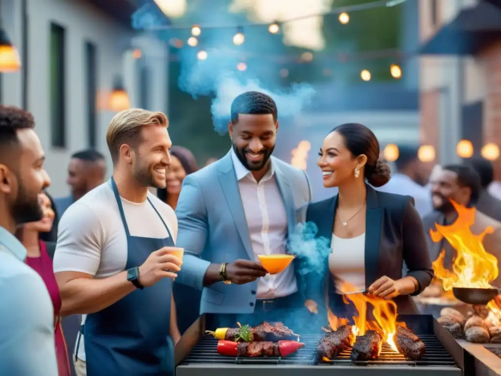 Profesionales en evento de networking con asado, disfrutando de la conexión y el ambiente vibrante alrededor de la parrilla