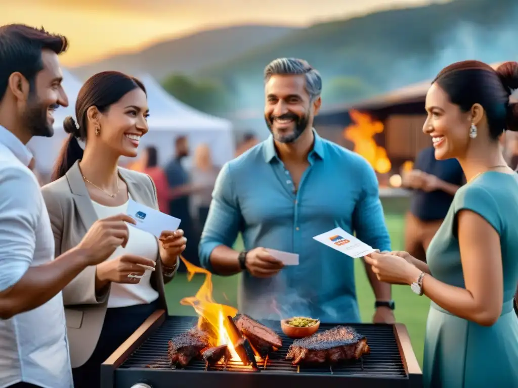 Profesionales en evento de networking con asado, intercambiando tarjetas y conversando en un ambiente vibrante al atardecer