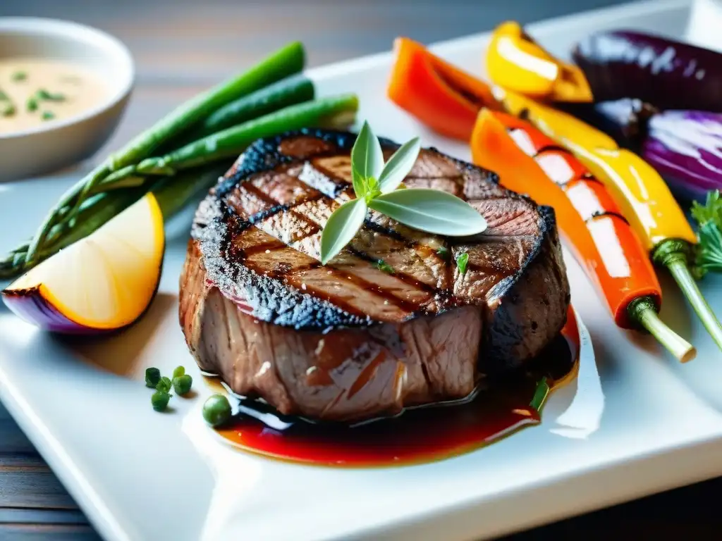 Proteínas alternativas para asado uruguayo: Delicioso steak vegetal a la parrilla con verduras y hierbas frescas en mesa elegante de verano