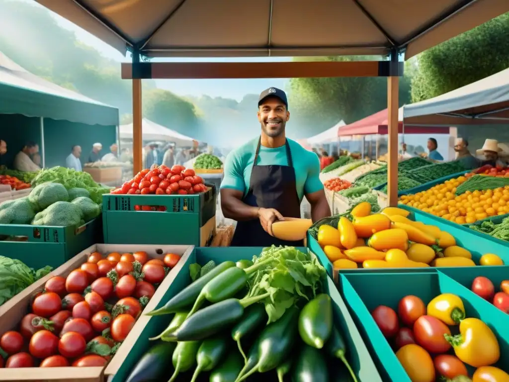 Un puesto de mercado rebosante de vegetales y frutas orgánicas frescas, bajo la luz del sol