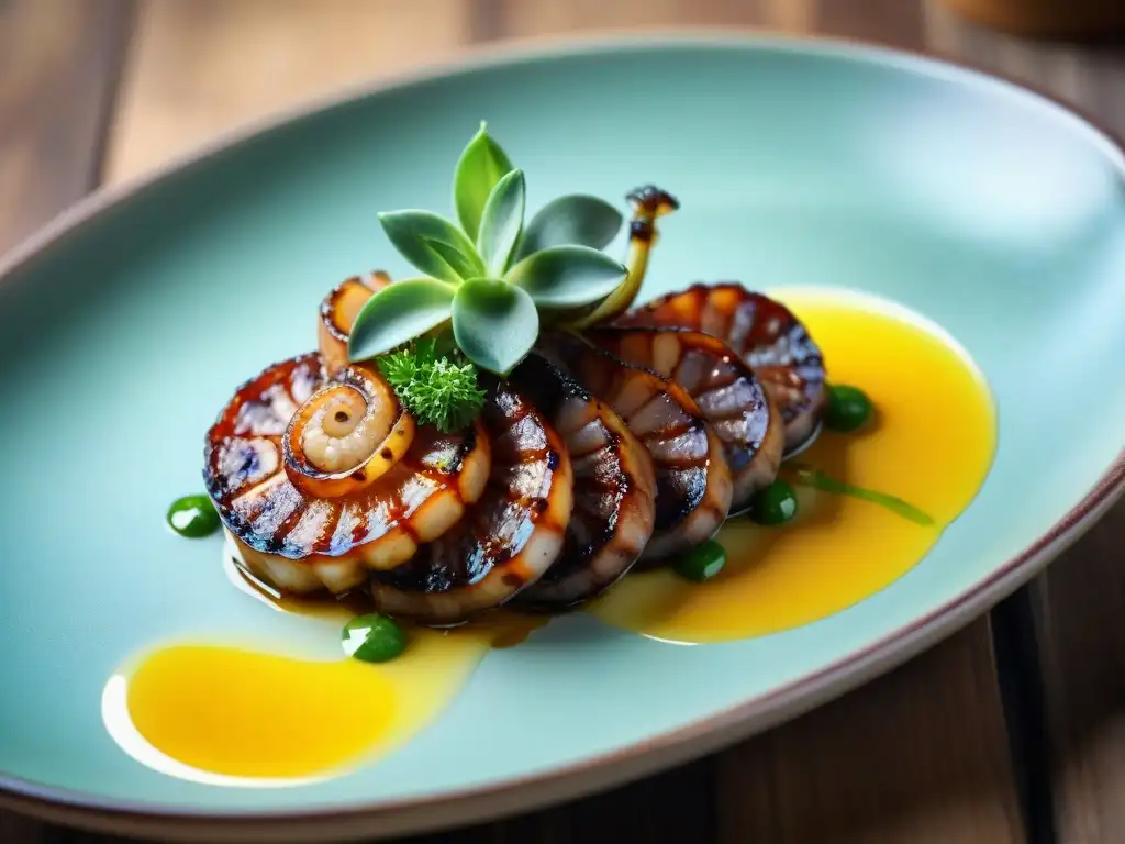 Un pulpo a la parrilla exquisito con alioli y hierbas frescas, en un entorno mediterráneo soleado