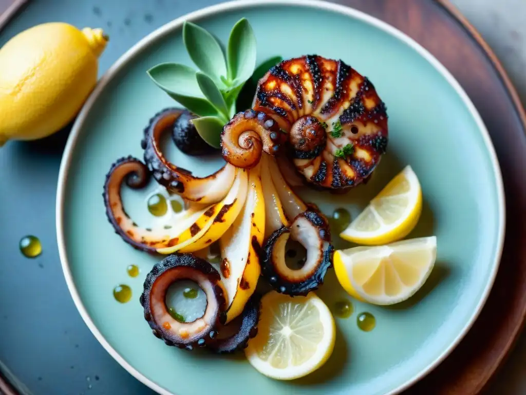 Pulpo a la Parrilla Receta: Pulpo dorado y tentador con alioli cremoso, limón y hierbas frescas bajo el cálido sol