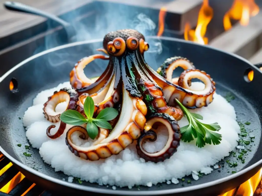 Pulpo a la parrilla con sabor uruguayo: tentáculo dorado, sal marina, aceite de oliva y hierbas frescas en entorno playero