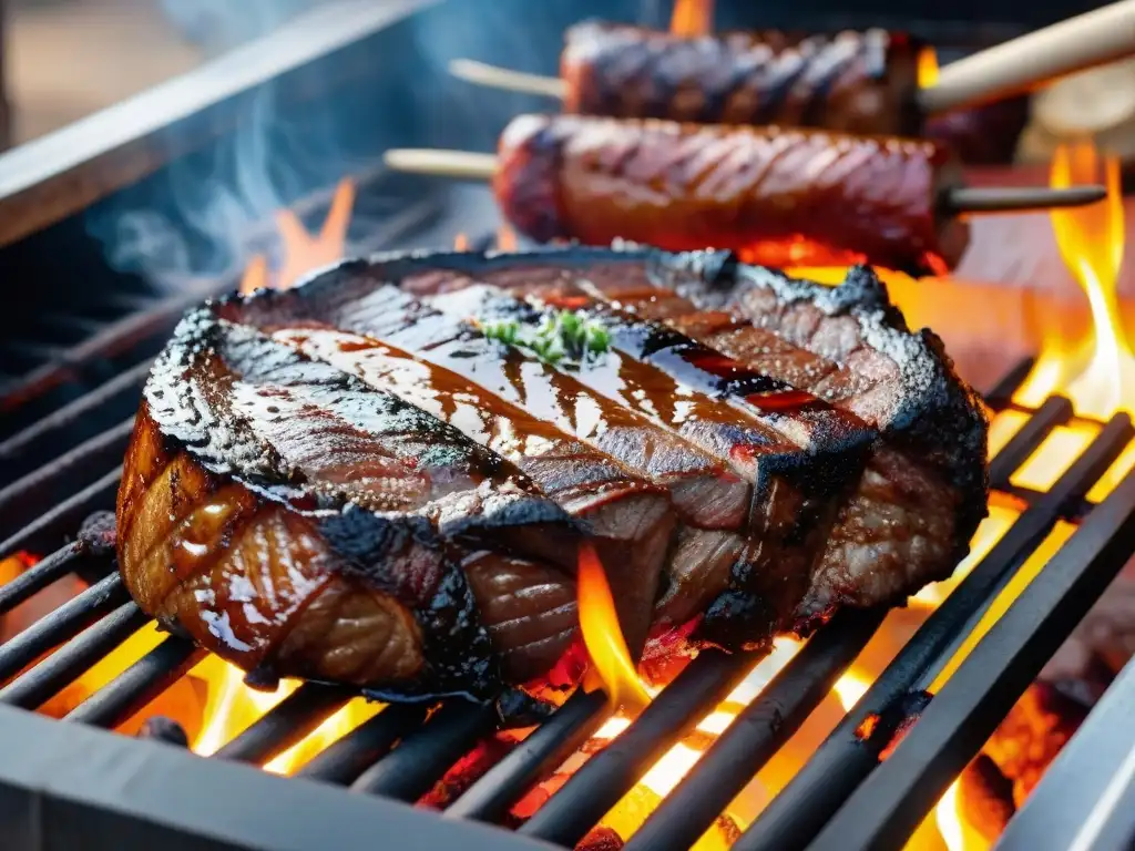 Punto ideal cocción carne asado: Delicioso asado uruguayo con carne jugosa, chorizos y vegetales caramelizados en parrilla tradicional