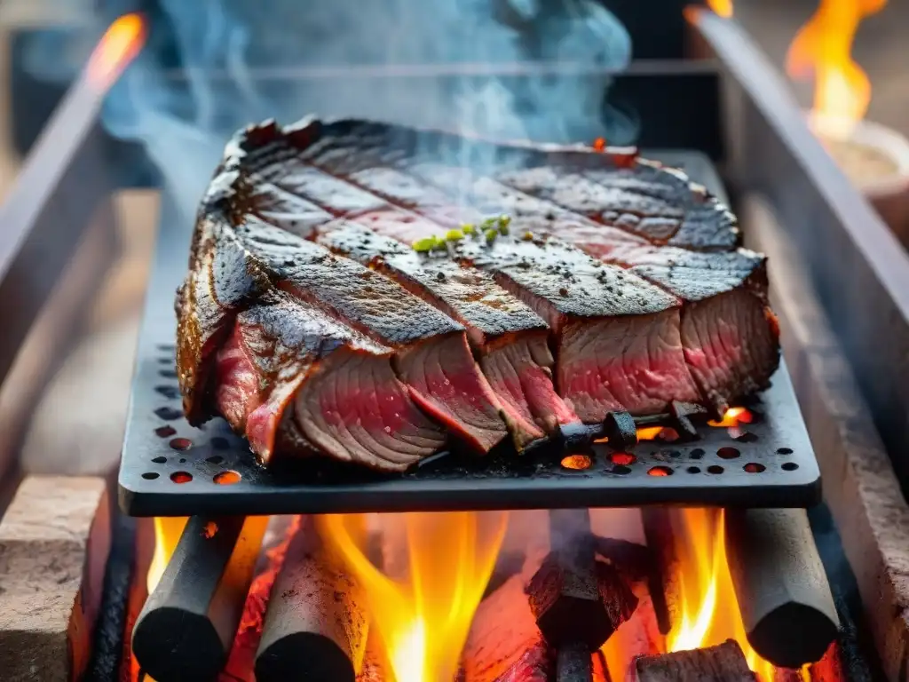 Punto perfecto asado uruguayo: Jugoso filete de carne en parrilla, rodeado de brasas y humo, listo para una experiencia asado irresistible