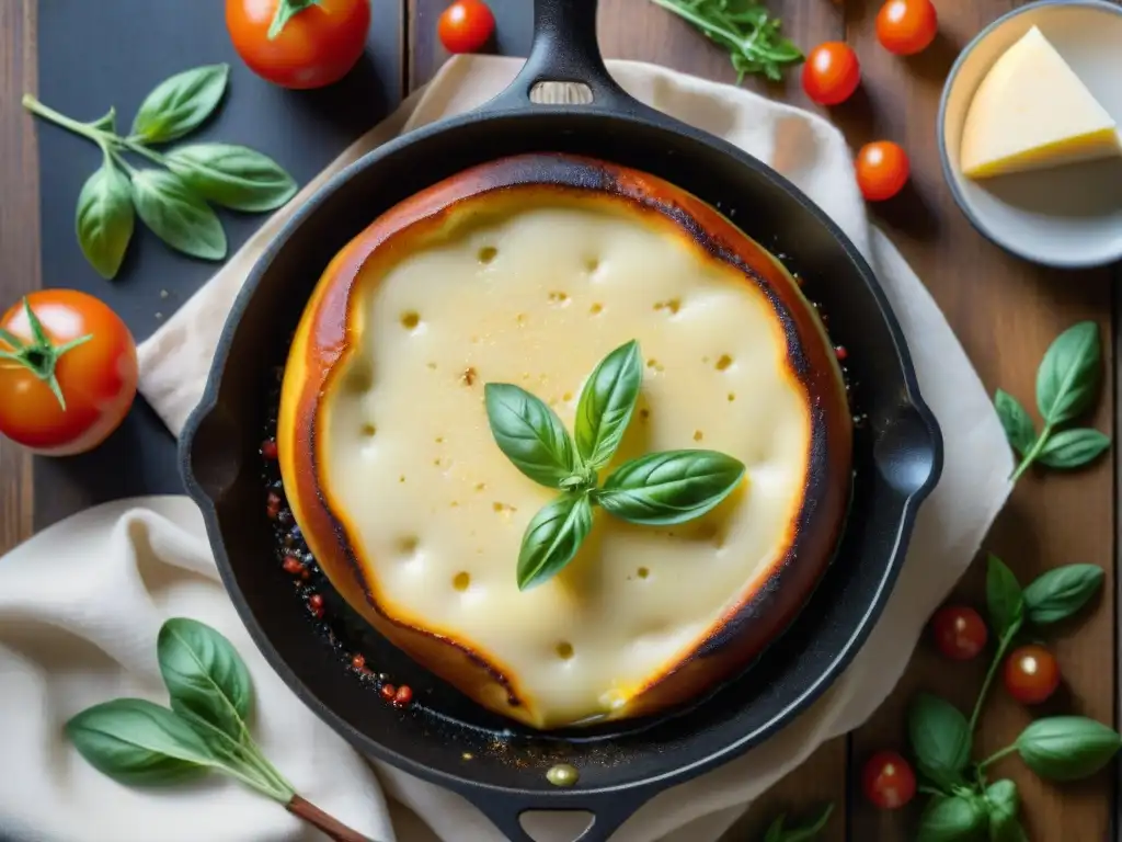 Queso provolone fundido en sartén con tomates y orégano