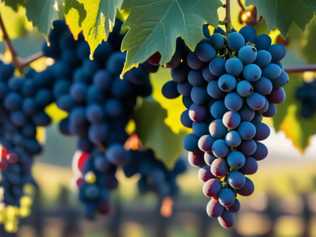 Un racimo de uvas Tannat uruguayas en un viñedo iluminado por el sol