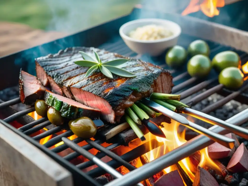 Deléitate con la receta asado de búfalo en parrilla uruguaya, en un entorno campestre pintoresco y acogedor