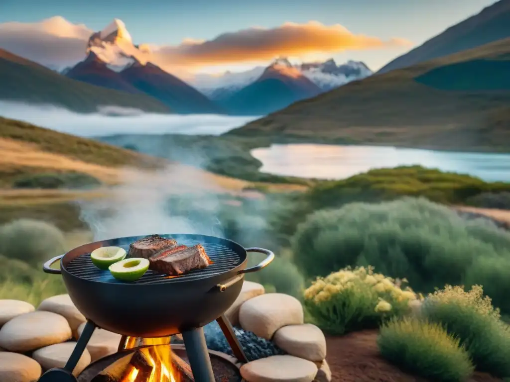 Receta asado cordero estilo patagónico: Atardecer en la Patagonia con un asado tradicional y paisaje natural