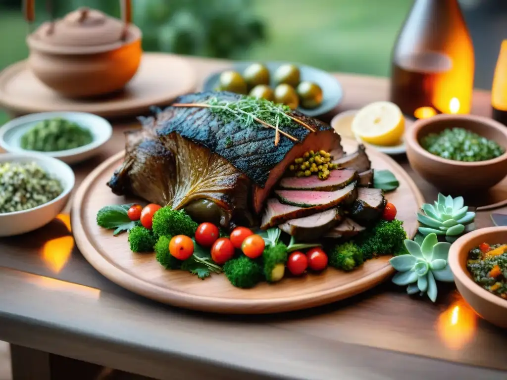 Receta de asado de jabalí en mesa rústica al aire libre con chimichurri y vegetales a la parrilla