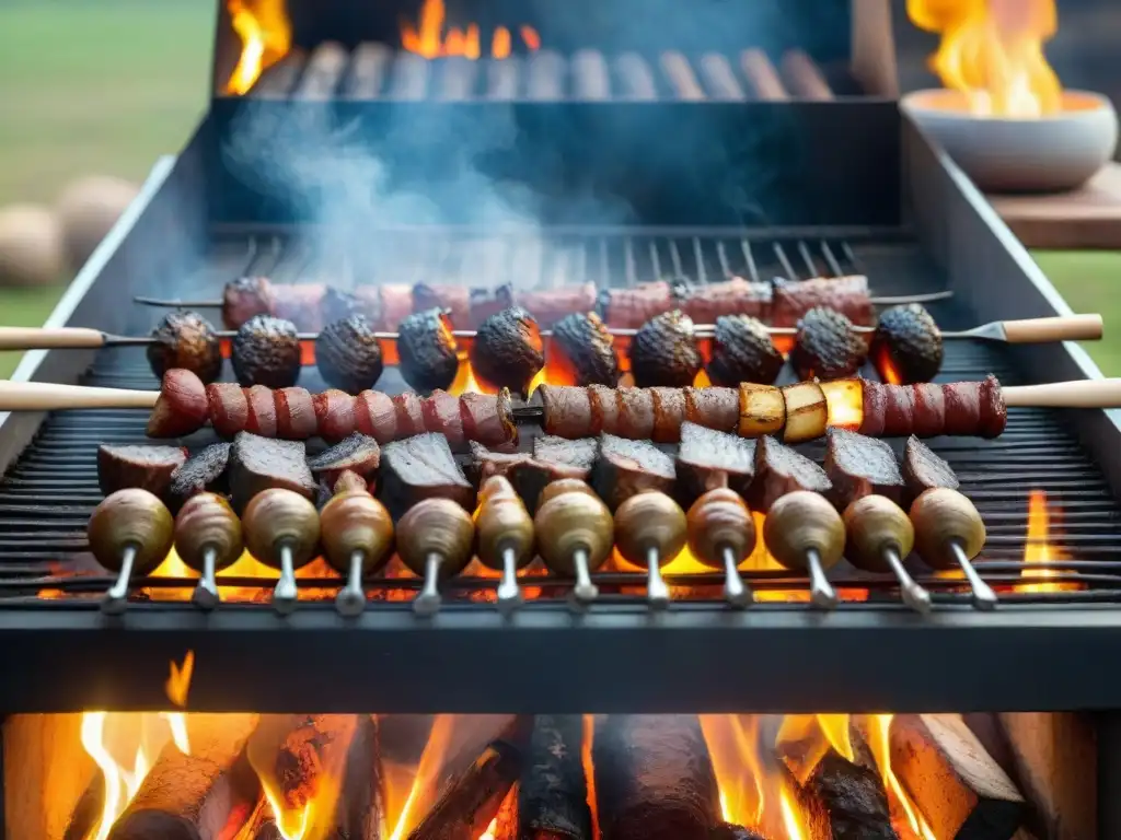 Receta asado de tira chimichurri: Asado uruguayo cocinándose a la perfección en parrilla al aire libre, rodeado de utensilios tradicionales