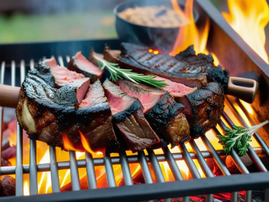 Receta de asado de jabalí: Grill uruguayo tradicional con carne de jabalí marinada, hierbas y especias al atardecer