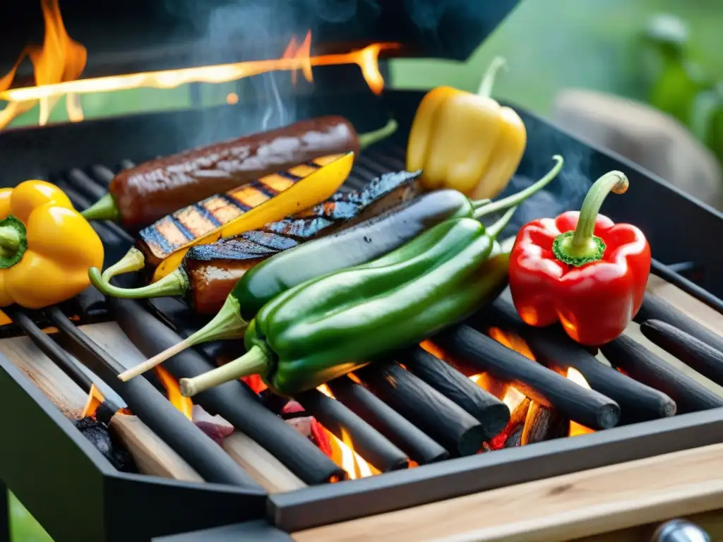 Receta de asado de verduras de estación en parrilla, con colores vibrantes y aroma tentador