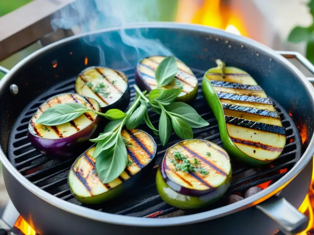 Receta de berenjenas asadas en parrilla con hierbas frescas y aceite de oliva dorado en un entorno de jardín exuberante