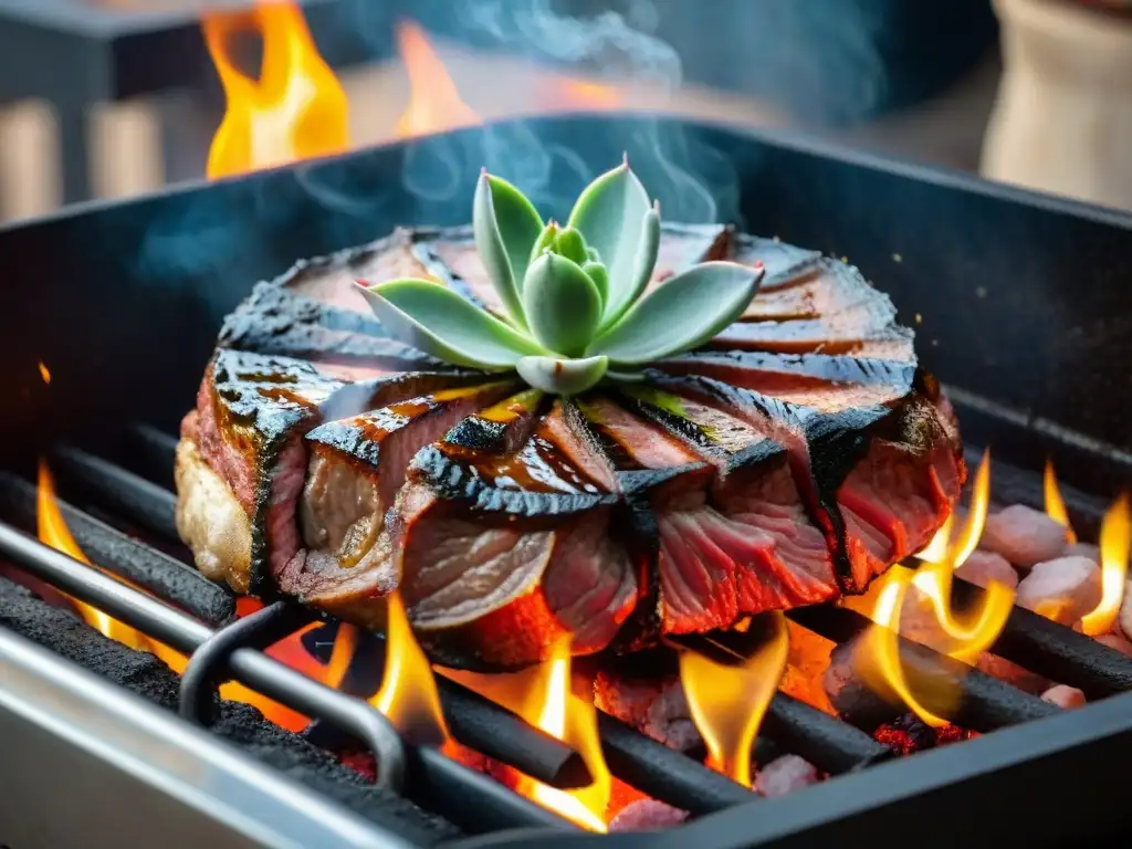 Receta de bondiola al asador con cocción perfecta: Chef experto preparando bondiola en la parrilla, con hierbas y especias alrededor