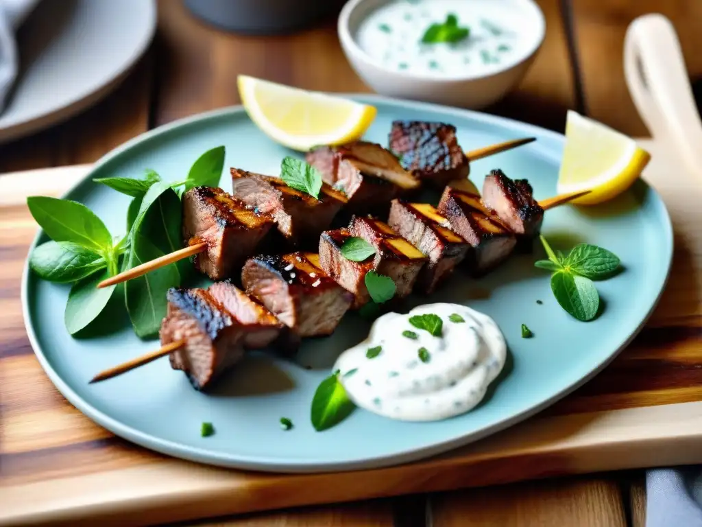 Receta brochetas cordero asado: Jugosas piezas de cordero a la parrilla con tzatziki, menta y limón en plato de madera rústico