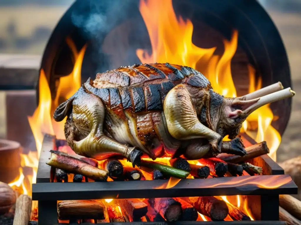 Receta tradicional asado cordero uruguayo: cordero dorado en parrilla rodeado de brasas y comida asado