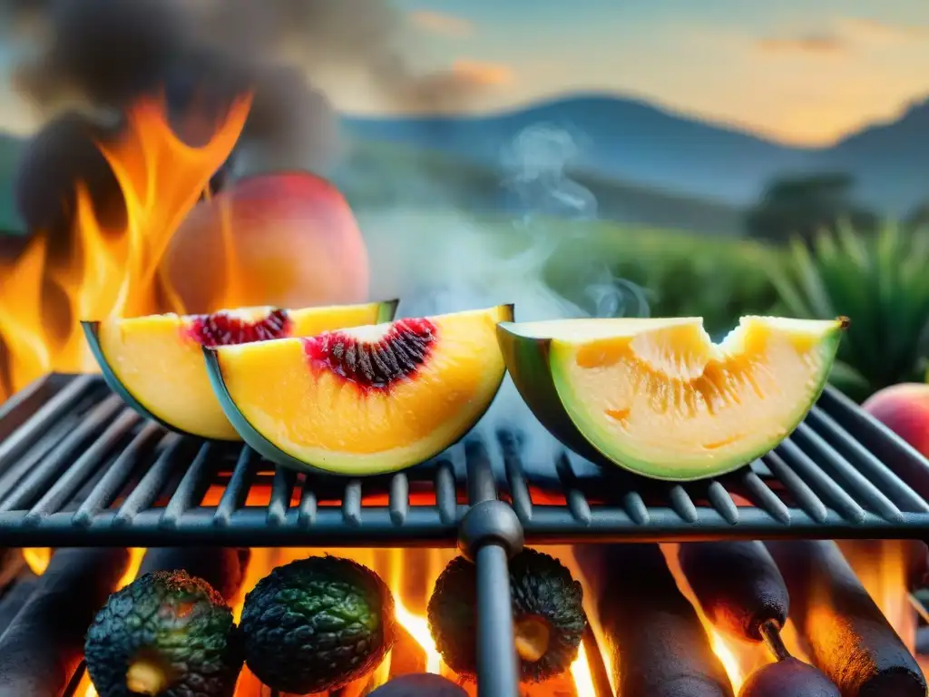 Recetas asado frutas parrilla: Jugosas frutas asándose en parrilla uruguaya, con caramelización y ambiente cálido al aire libre