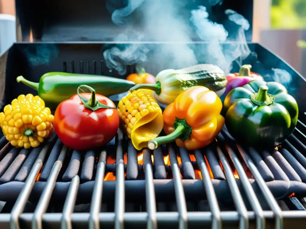 Recetas asado vegano parrilla: Vegetales coloridos chisporrotean en la parrilla, evocando un aroma veraniego irresistible