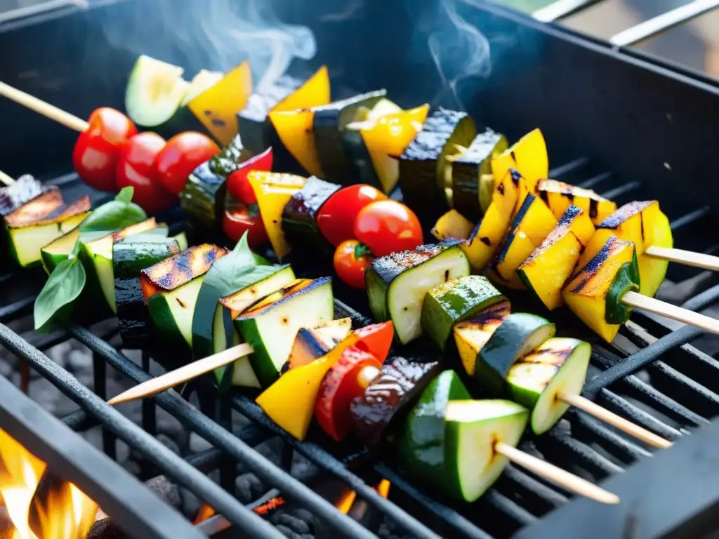 Recetas asado vegano parrilla: Skewers de vegetales marinados en la parrilla, con colores vibrantes y sabores irresistibles