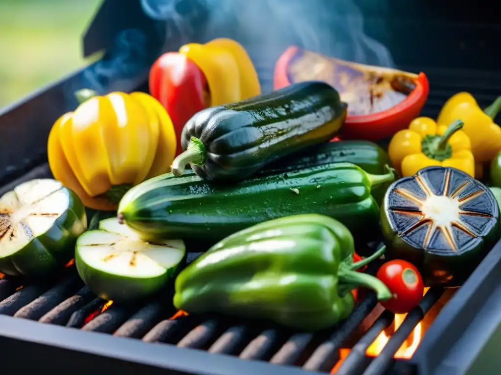 Recetas de asados saludables invierno: vegetales a la parrilla, coloridos y jugosos, con hierbas frescas, en un día soleado de jardín