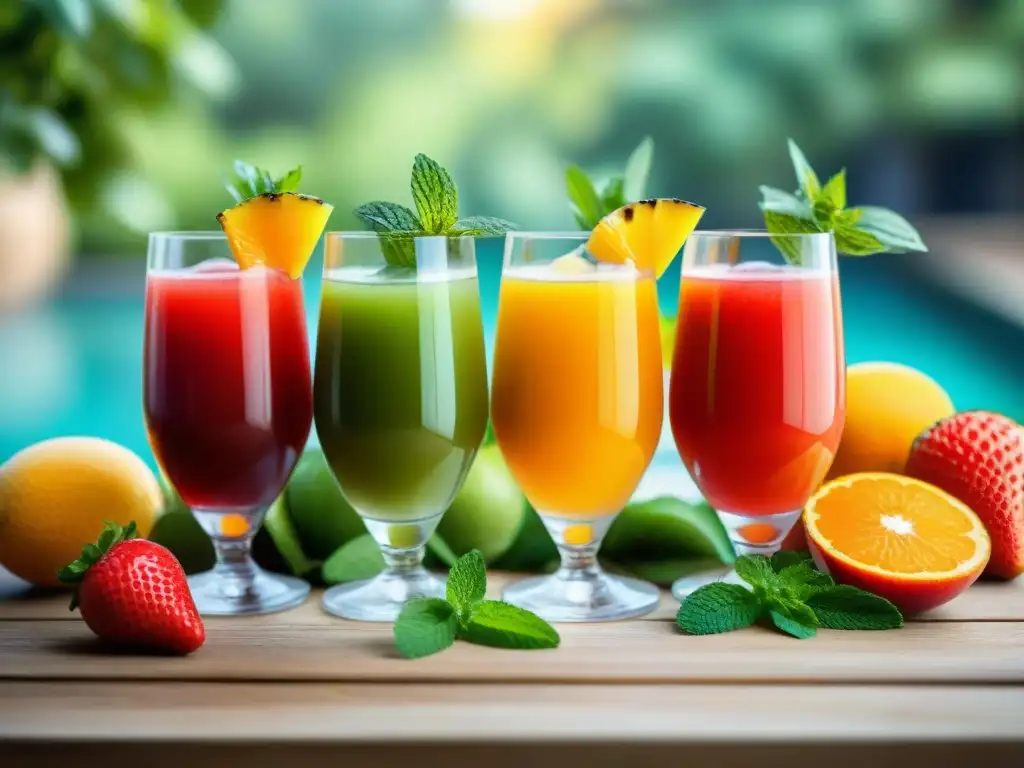 Una refrescante selección de bebidas saludables para asado: jugos de frutas recién exprimidos en elegantes vasos, con colores y texturas vibrantes